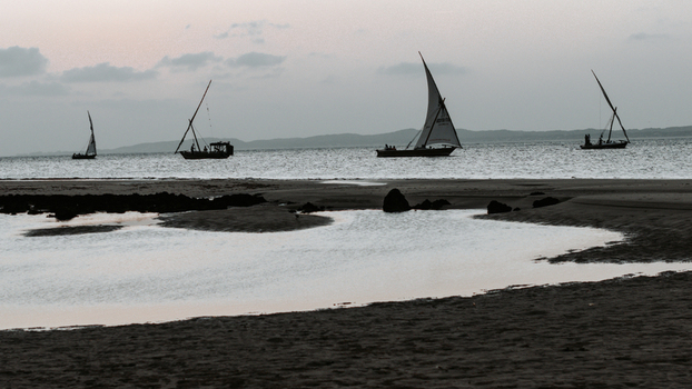 Aerial view of traditional dhow boats with fishermen on board sailing on the calm Indian Ocean near the sandy coastline at dusk in Mombasa Mombasa County Kenya. Aerial view of traditional dhow boats with fishermen on board sailing on the calm Indian Ocean near the sandy coastline at dusk in Mombasa Mombasa County Kenya.