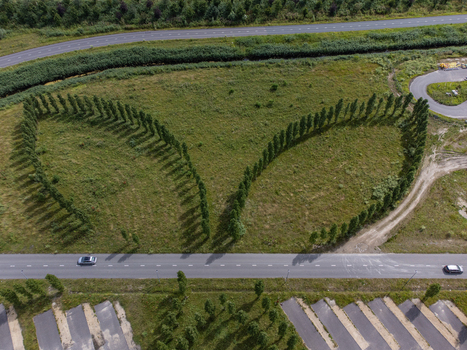 Aerial view of symmetrical rows of trees forming curved shapes on a green field bordered by roads and parking lots Utopia Flevoland Netherlands.