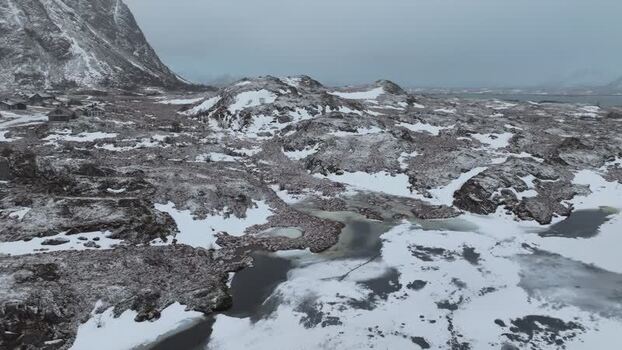 Aerial view of snowy Lofoten landscape in Vagan Municipality Norway.