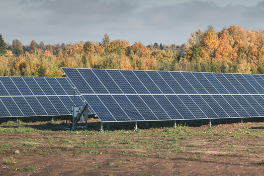 View of solar panels installed in a field with autumn foliage in the background in Tartu County Estonia. View of solar panels installed in a field with autumn foliage in the background in Tartu County Estonia.