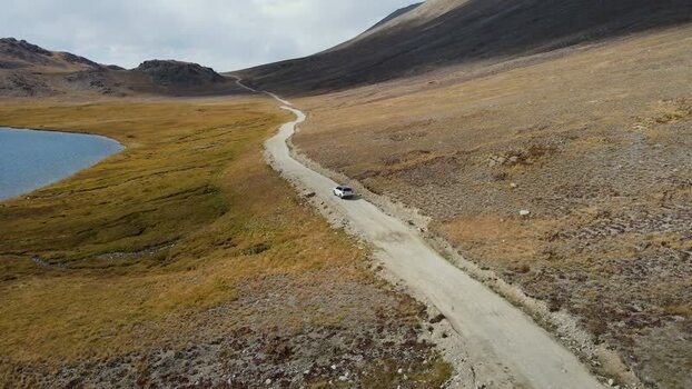 Aerial view of car on Deosai road Pakistan.