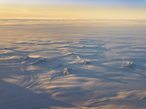 Aerial view of the vast ice sheet and snow covered mountain peaks under a soft golden sunset light in Greenland. Aerial view of the vast ice sheet and snow covered mountain peaks under a soft golden sunset light in Greenland.