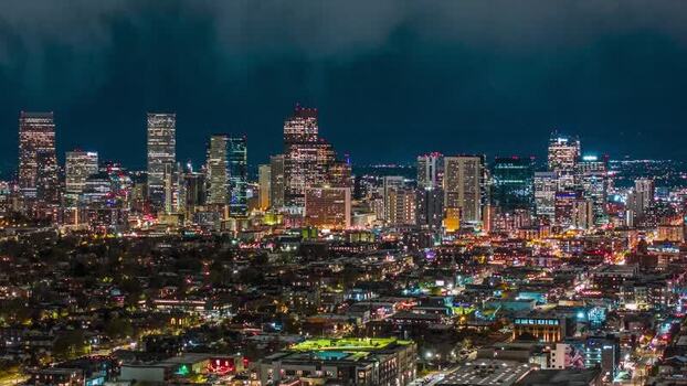 Aerial view of the Denver skyline at night United States.