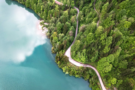 Aerial view of Lac du Vernex with a winding road passing through dense green forests and turquoise water Rossiniere Vaud Switzerland.