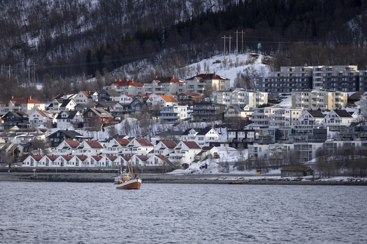 View of a traditional wooden boat sailing on the water with colorful houses on a snowy hillside and a dense forest in the background in Tromso Troms Norway.