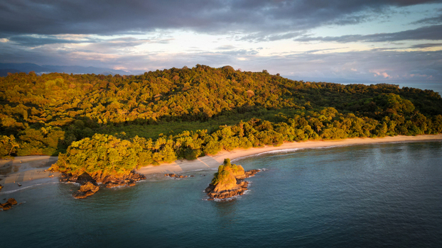 Aerial view of the sun kissed shoreline where the verdant jungle meets the vast ocean creating a harmonious blend of colors and textures Uvita Puntarenas Costa Rica.