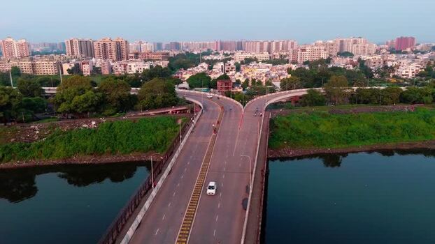 Aerial view of bridge over river in Surat India.