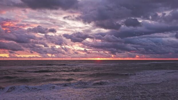 Aerial view of sunset over the North Sea Denmark.