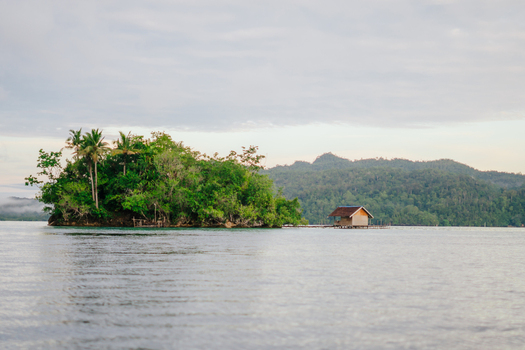 View of Raja Ampat with a small tropical island palm trees and a wooden stilt house on the calm sea in Southwest Papua Indonesia. View of Raja Ampat with a small tropical island palm trees and a wooden stilt house on the calm sea in Southwest Papua Indonesia.