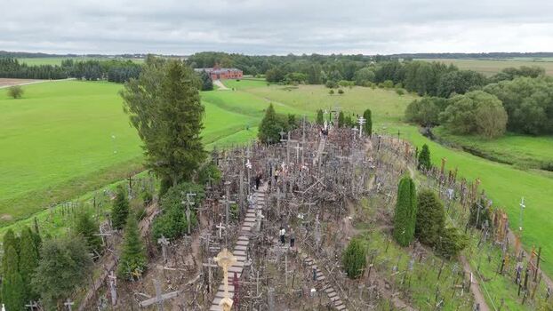 Aerial view of the Hill of Crosses in Jurgaiciai Lithuania.