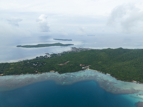 Aerial view of the lush green island meeting the tranquil turquoise sea under a vast overcast sky Karimunjawa Central Java Indonesia.