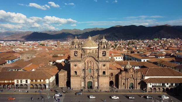 Aerial view of Church of the Society of Jesus in Cusco Peru.