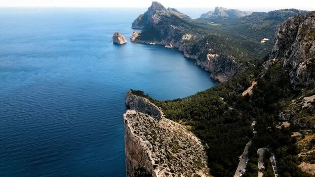 Aerial view of Cap de Formentor cliffs and coastline Spain.