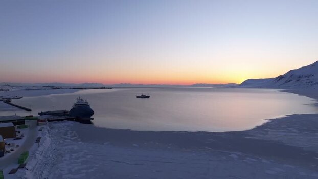 Aerial view of Longyearbyen harbor at sunset Svalbard and Jan Mayen. Aerial view of Longyearbyen harbor at sunset Svalbard and Jan Mayen.