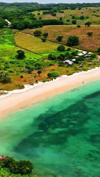 Aerial view of tropical coastline in Bali Indonesia.
