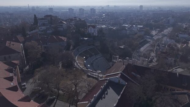 Aerial view of the ancient Roman theatre in Plovdiv Bulgaria.