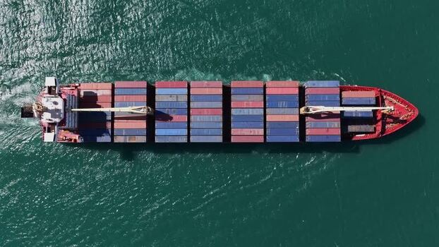 Aerial view of container ship in the sea Portugal.