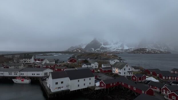 Aerial view of Lofoten village with red and white houses Norway.