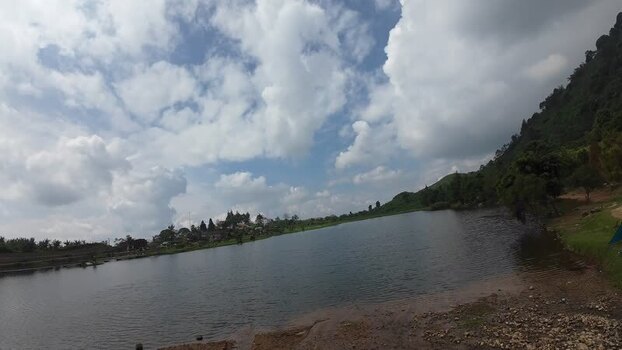Aerial view of Rawa Gede Jonggol Lake and hills Indonesia.