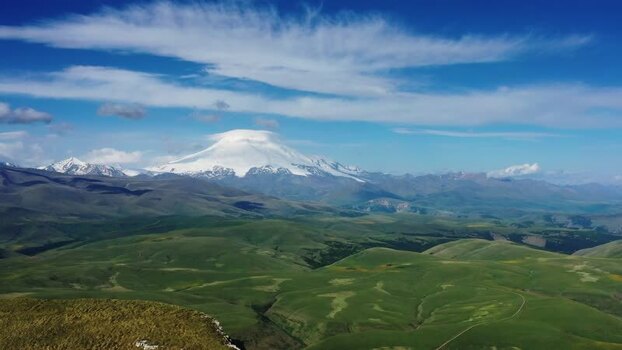 Aerial view of Mount Elbrus and Bermamyt plateau Russia.