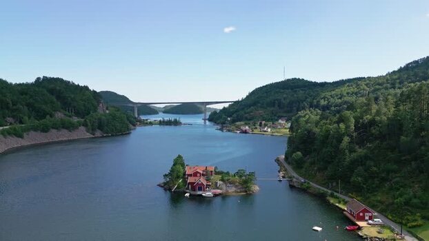 Aerial view of Sogne island and bridge in Norway.