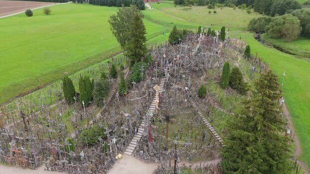 Aerial view of Hill of Crosses in Jurgaiciai Lithuania.