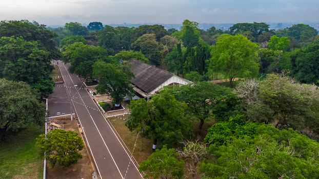 Aerial view of Achimota School campus featuring lush green trees a paved road and traditional architecture in Achimota Greater Accra Region Ghana. Aerial view of Achimota School campus featuring lush green trees a paved road and traditional architecture in Achimota Greater Accra Region Ghana.