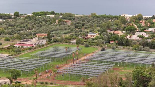 Aerial view of solar farm in the countryside Italy.