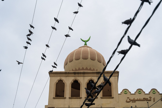 View of a mosque dome with a green crescent moon finial and pigeons perched on overhead power lines against an overcast sky in Galle Southern Province Sri Lanka. View of a mosque dome with a green crescent moon finial and pigeons perched on overhead power lines against an overcast sky in Galle Southern Province Sri Lanka.