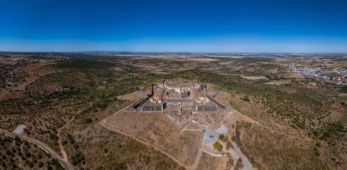 Elvas Portalegre District Portugal 10 September 2026 Aerial view of the star shaped Forte de Nossa Senhora da Graca a historic hilltop fortification. Elvas Portalegre District Portugal 10 September 2026 Aerial view of the star shaped Forte de Nossa Senhora da Graca a historic hilltop fortification.