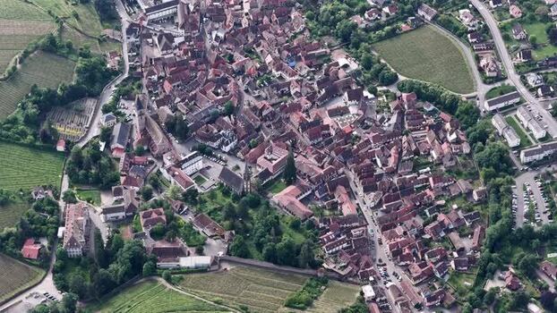 Aerial view of the historic town of Ribeauville France. Aerial view of the historic town of Ribeauville France.