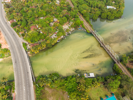 Aerial view of a road bridge and a railway bridge crossing a calm river surrounded by lush tropical palm trees and houses in Koggala Southern Province Sri Lanka. Aerial view of a road bridge and a railway bridge crossing a calm river surrounded by lush tropical palm trees and houses in Koggala Southern Province Sri Lanka.