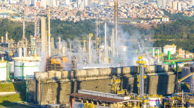 Aerial view of the petrochemical complex with cooling towers and industrial infrastructure in Santo Andre State of Sao Paulo Brazil.