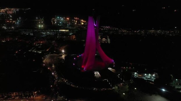 Aerial view of Maqam Echahid at night in Algeria.