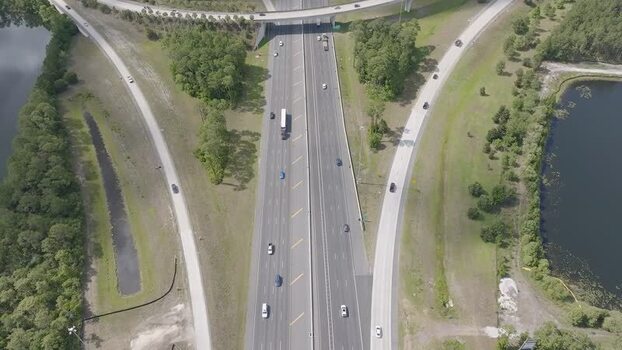 Aerial view of turbine interchange and highways United States.