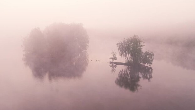 Aerial view of Venekotensee lake with islands in thick fog Germany.