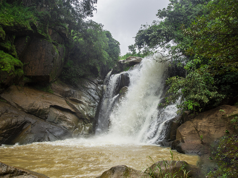 View of a powerful waterfall cascading over large moss covered brown rocks into a pool surrounded by lush green trees and foliage in Jos Plateau Nigeria. View of a powerful waterfall cascading over large moss covered brown rocks into a pool surrounded by lush green trees and foliage in Jos Plateau Nigeria.