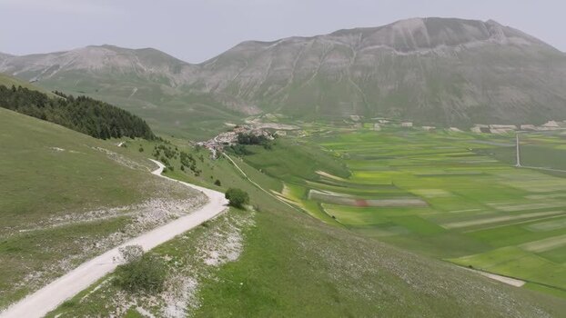 Aerial view of Castelluccio village in the Apennine Mountains Italy.