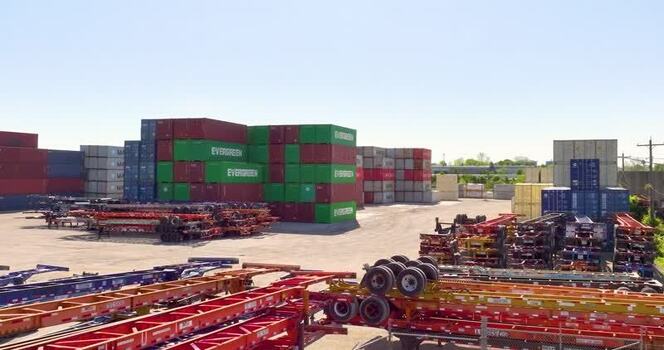 Aerial view of shipping containers and chassis United States. Aerial view of shipping containers and chassis United States.