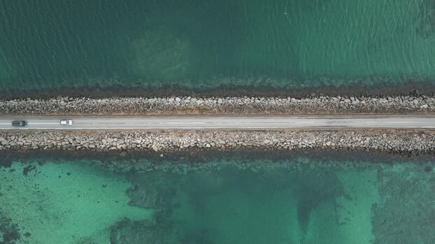Aerial view of Flakstadbruene bridge Norway.