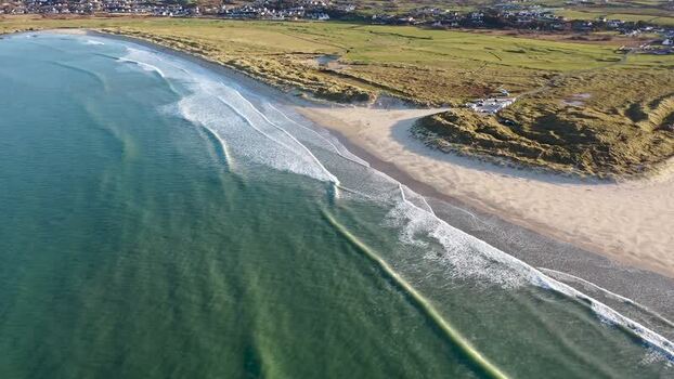 Aerial view of Falcarragh beach and coastline Ireland.