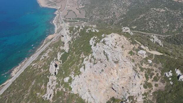 Aerial view of rocky coastal cliffs and sea Northern Cyprus.