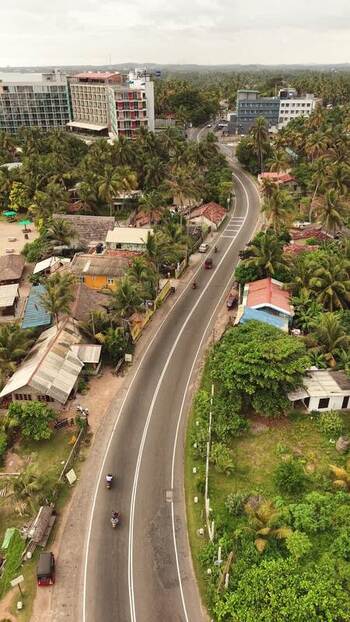 Aerial view of a winding road through tropical trees Sri Lanka.