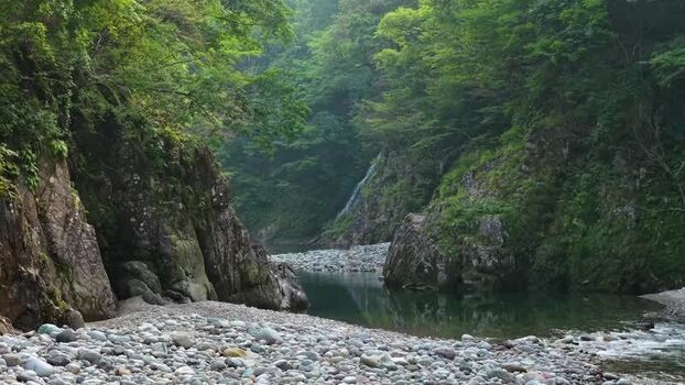 View of a lush green river gorge with a distant waterfall Japan.