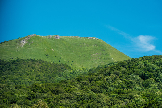 View of the green mountain peak of Savnik rising above dense forests under a clear blue sky in Savnik Savnik Municipality Montenegro. View of the green mountain peak of Savnik rising above dense forests under a clear blue sky in Savnik Savnik Municipality Montenegro.