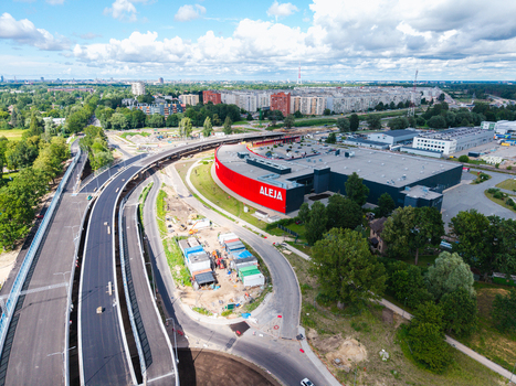 Riga Latvia 04 July 2026 Aerial view of the Janis Cakste Avenue construction project part of the Southern Bridge development showing new road infrastructure. Riga Latvia 04 July 2026 Aerial view of the Janis Cakste Avenue construction project part of the Southern Bridge development showing new road infrastructure.