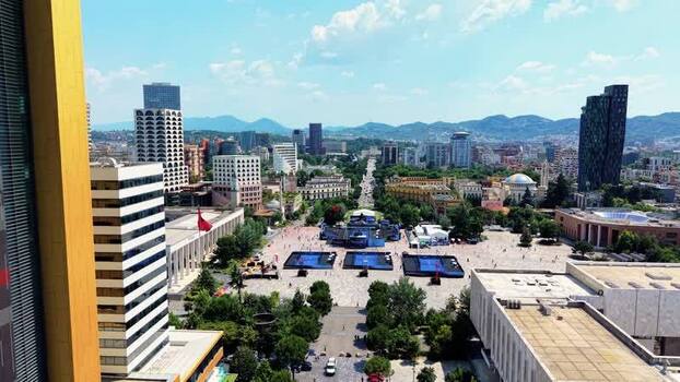 Aerial view of Skanderbeg Square in Tirane Albania.