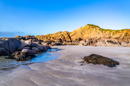 View of the sandy beach and rocky coastline with seaweed on the shore under a clear blue sky Cloughglass County Donegal Ireland. View of the sandy beach and rocky coastline with seaweed on the shore under a clear blue sky Cloughglass County Donegal Ireland.