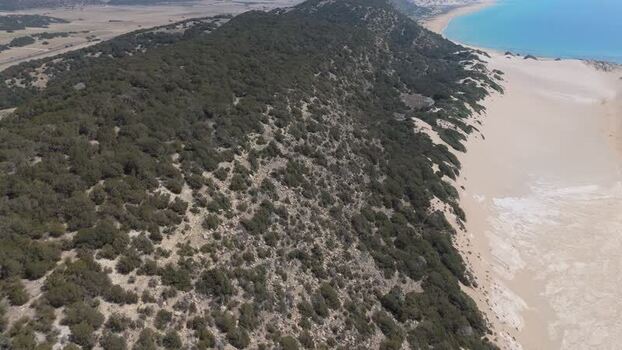 Aerial view of sandy coastline and green hills Northern Cyprus.