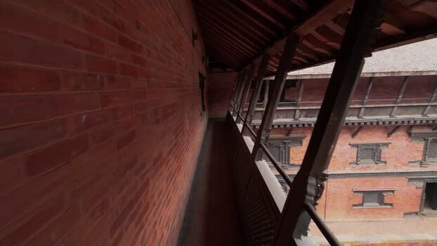 View of traditional brick architecture and carved balconies Nepal.